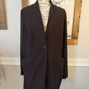 Eileen Fisher Women's Stretch-Crepe Stand-Collar Long Jacket Brown Size XL